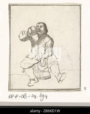 Trinkender Mann auf einer Tonne sitzend, legt ein Mann eine Kanne zu seinem Mund, während er auf einer Tonne Zit sitzt. Hersteller : Druckerhersteller Cornelis Ploos van Amstel Herstellungsort: Amsterdam Datum: 1736 - 1738 Physische Merkmale: Prenttkening; Radierung und Roulette; Proofing Material: Papiertechnik: Zeichnung Druck / Ätzung / Roulette Abmessungen: Oben: 62 mm × H b 52 mm Betreff: Glas, Kanne (als Trinkgefäß verwendet) Trinken Stockfoto