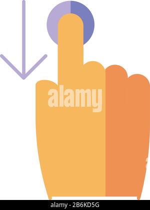 Nach unten scrollender Finger flaches Cartoon RGB-Farbsymbol. Scrolldown-Geste für den Smartphone-Touchscreen. Pfeiltaste nach unten und nach unten. Computer Stock Vektor