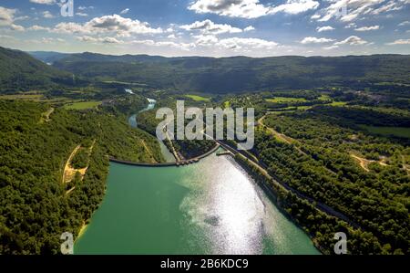 , Haltewand des Speicherseerees Lac de Vouglans, Luftbild, 15.07.2014, Frankreich, Comte de Francéglans, Vouglans Stockfoto