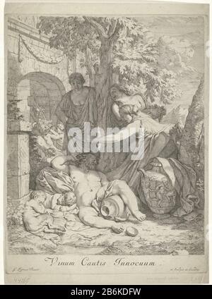 Dronken Silenus Wein Cautis Innocuum (titel op object) Silenus, der Lehrer von Bacchus, wird unter einem Baum getrunken. Unter seinem linken Bein sitzt eine Weinkanne neben ihm und schläft zwei betrunkene Satyr-Kinder. Sehen Sie drei Frauen Silenus spotterweise rechte Frau legt einen Trauben auf den Kopf. Anhänger eines Bildes, das eine von Kindern umgebene Bacchante darstellt. Hersteller: Druckmaschine: Gerard de Lairesse (denkmalgeschütztes Eigentum) zum Gemälde von Gerard de Lairesse (denkmalgeschütztes Gebäude) Herausgeber: Gerard de Lairesse (denkmalgeschütztes Gebäude) Datum: 1670 - 1675 Physikalische Merkmale: Ätzmaterial: Papiertechnik: Ätzmaße: P Stockfoto