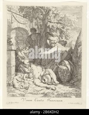 Dronken Silenus Wein Cautis Innocuum (titel op object) Silenus, der Lehrer von Bacchus, wird unter einem Baum getrunken. Unter seinem linken Bein sitzt eine Weinkanne neben ihm und schläft zwei betrunkene Satyr-Kinder. Sehen Sie drei Frauen Silenus spotterweise rechte Frau legt einen Trauben auf den Kopf. Anhänger eines Bildes, das eine von Kindern umgebene Bacchante darstellt. Hersteller: Druckmaschine: Gerard de Lairesse (denkmalgeschütztes Eigentum) zum Gemälde von Gerard de Lairesse (denkmalgeschütztes Gebäude) Herausgeber: Gerard de Lairesse (denkmalgeschütztes Gebäude) Datum: 1670 - 1675 Physikalische Merkmale: Ätzmaterial: Papiertechnik: Ätzmaße: Platte ed Stockfoto