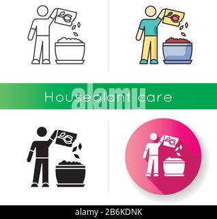 Symbol für das Pflanzen von Blumensamen. Vermehrung von Hausanlagen. Gartenarbeit im Innenbereich. Anbau von heimischen Pflanzen. Setzen von Samen in den Boden. Lineare schwarze und RGB-Farbe Stock Vektor