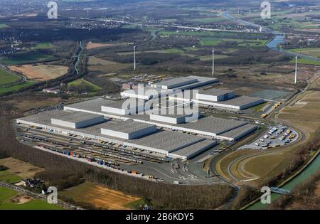 Vertriebszentrum von IKEA in Dortmun-Ellinghausen, das auf einem ehemaligen Haufenhaufen der Hoesch AG, 19.03.2012, Luftbild, Deutschland, Nordrhein-Westfalen, Ruhrgebiet, Dortmund, errichtet wurde Stockfoto