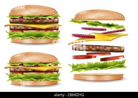 Burger Anzeigen für Ihr Design, köstliche Hamburger Mockup Seitenansicht. Springen Sie Mit frischen Zutaten Zu Einem Realistischen Burger. 3D-Vektorgrafiken Stock Vektor