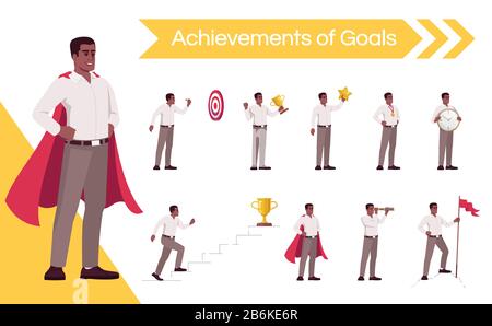 Motivierter Mitarbeiter mit dem Ziel, erfolgreich zu sein, flache Vektorgrafiken zu setzen. Glücklicher Geschäftsmann, der Ziele feiert, isolierter Zeichentrickfilm ein Charakterkit Stock Vektor