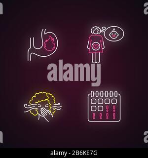 Symbol für Neon-Licht in der Frühschwangerschaft gesetzt. Schwanger fühlen. Geruchsempfindlichkeit. Frau auf Zeit. Mutterschaft, Fruchtbarkeit. Schilder mit Außenleuchten Stock Vektor