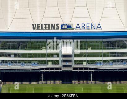 Veltins-Arena, ursprünglich Arena AufSchalke, Fußballstadion für Schalke 04, Luftaufnahme, 19.05.2014, Deutschland, Nordrhein-Westfalen, Ruhrgebiet, Gelsenkirchen Stockfoto