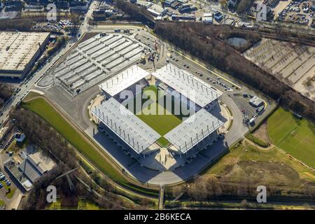 , Neubau des RW-Stadions in der Hafenstraße in Essen, Fußballplatz Rot-Weiss-Essen, 24.02.2014, Luftaufnahme, Deutschland, Nordrhein-Westfalen, Ruhrgebiet, Essen Stockfoto