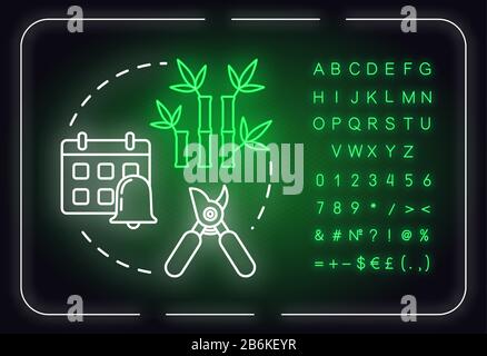 Symbol für das Konzept des Neon-Lichts in regelmäßigen Abständen. Heim Blumenpflege. Abschneiden toter Äste oder Stiele Idee. Äußeres leuchtendes Zeichen, Alphabet, Zahlen Stock Vektor