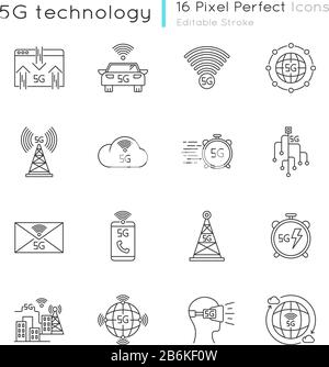 5G Technologie Pixel perfekte lineare Symbole gesetzt. Schnelles Internet. Messaging, Datenaustausch. Weltstandard. Anpassbare Kontursymbole mit dünnen Linien Stock Vektor