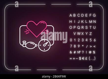 Symbol für Neonlicht mit hohem Blutdruck. Herzerkrankung. Arterieller Druck. Herz-Kreislauf-Behandlung. Äußere leuchtende Wirkung. Zeichen mit Alphabet, Zahlen und Stock Vektor