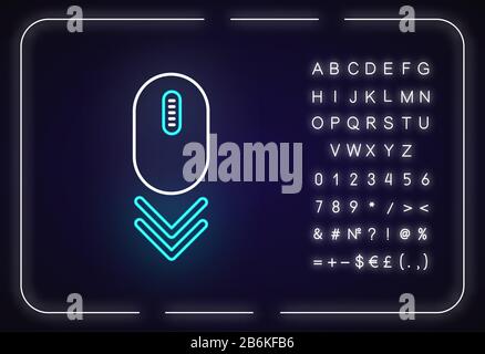 Symbol für Neonlicht der Maus nach unten scrollen. Doppelpfeil zum Durchsuchen von Internetseiten. Web-Cursor. PC-Maus. Äußere leuchtende Wirkung. Zeichen mit Alphabet, Zahlen und Stock Vektor
