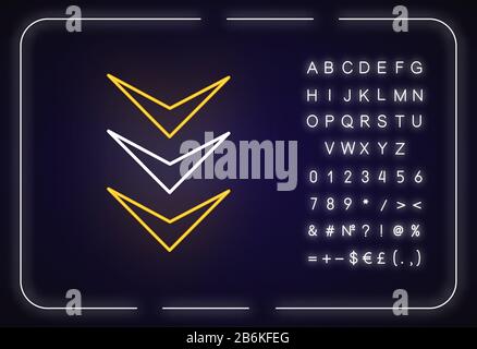 Symbol für drei nach unten zeigenden Pfeile für Neonlicht. Seitennavigation in vertikaler Richtung, Download-Markierung. Äußere leuchtende Wirkung. Zeichen mit Alphabet, Zahlen und Symbolen Stock Vektor