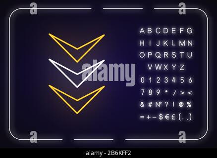 Symbol für drei nach unten zeigenden Pfeile für Neonlicht. Seitennavigation in vertikaler Richtung, Download-Markierung. Äußere leuchtende Wirkung. Zeichen mit Alphabet, Zahlen und Symbolen Stock Vektor