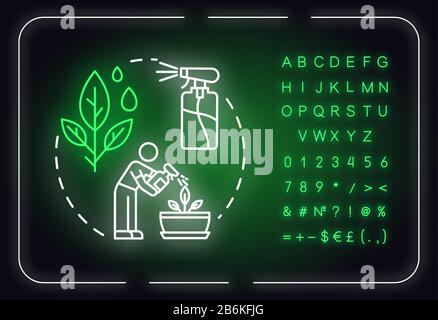 Symbol für das Konzept der Neon-Beleuchtung erhöhen. Innenblumen betreffen. Hausanlagen pflegen. Idee zur Feuchtigkeitspflege. Äußeres glühendes Zeichen, Alphabet Stock Vektor