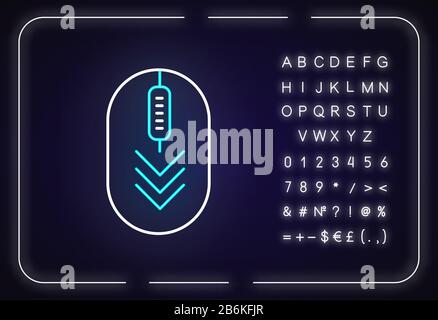 Computermaus mit nach-unten-Pfeilen Symbol für Neonlicht. Gestenanzeige für Scrolldown. Web-Cursor. Äußere leuchtende Wirkung. Zeichen mit Alphabet, Zahlen und Stock Vektor