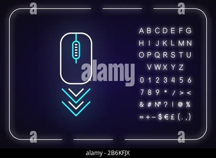 Symbol für die Bildlauf-Maus mit Neonlicht. Geste zum Durchsuchen von Internetseiten, Pfeilspitze nach unten. Äußere leuchtende Wirkung. Zeichen mit Alphabet, Zahlen und Stock Vektor