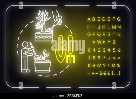 Symbol für das Konzept der fluffenden Neon-Beleuchtung im Boden. Hausanlagen pflegen. Innenblumen betreffen. Vergossener Boden löst Idee. Äußeres leuchtendes Zeichen, Alphabet, Zahlen Stock Vektor