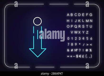 Pfeil nach unten und Symbol für Neonlicht kreisen. Vertikale Bildlauf-Geste für Touchscreen. Äußere leuchtende Wirkung. Zeichen mit Alphabet, Zahlen und Symbolen Stock Vektor