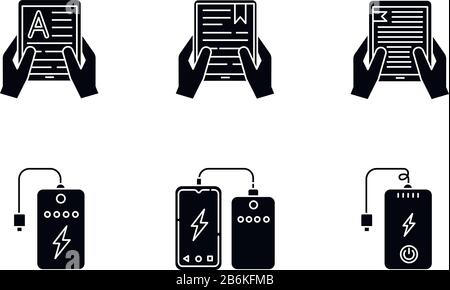 Tragbare elektronische Geräte, schwarze Glyph-Symbole auf weißem Raum. Powerbank. Tragbarer Akku. Ladegerät. Die Hände halten E-Reader, Tablets Stock Vektor