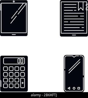 Schwarze Glyph-Symbole für Mobilgeräte auf dem weißen Raum. Elektronische Geräte in der Tasche. Intelligente Technologie. Tablet, E-Reader, E-Book. Smartphone, Taschenrechner Stock Vektor