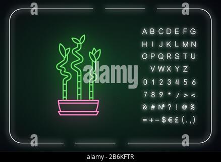 Glückliche Bambusschäfte in Topfneon-Leuchtreklame. Dracaena sanderyana. Innenanlage. Feng Shui. Äußere leuchtende Wirkung. Zeichen mit Alphabet, Zahlen und Symbolen Stock Vektor