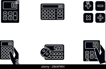 Taschenrechner schwarze Glyph-Symbole auf weißem Raum. Mathematische Berechnung. Schnelles zählen. Kleine elektronische Geräte. Buchhaltung. Finanzen Stock Vektor