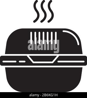 Burger Box schwarzes Glyph-Symbol. Fast Food Takeout Container. Wegnehmen von Thermoverpackungen. Kunststoff-Lunchbox für warmes Essen, Hamburger. Silhouettensymbol ein Stock Vektor