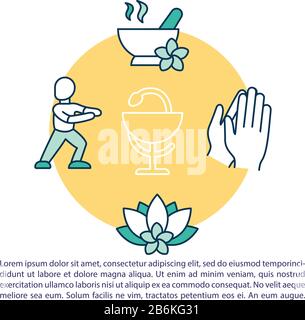 Symbol für alternatives Medizinkonzept mit Text. Ergänzende Praktiken. Yoga, Entspannung. PPT-Seitenvektorvorlage. Broschüre, Magazin, Broschürendesign Stock Vektor