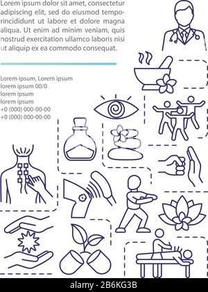 Konzeptsymbol für alternative Medizintechnik mit Text. Quackerig. Gleichgewicht zwischen Körper und Geist. Traditionelle Behandlung. PPT-Seitenvektorvorlage. Broschüre Stock Vektor