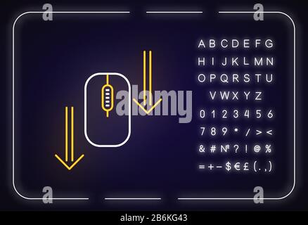 Symbol für Neonlicht der Maus nach unten scrollen. Pfeile zum Durchsuchen von Internetseiten. PC-Maus und Pfeilspitzen. Äußere leuchtende Wirkung. Zeichen mit Alphabet, Zahlen und Stock Vektor