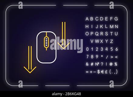 Symbol für Neonlicht der Maus nach unten scrollen. Pfeile zum Durchsuchen von Internetseiten. PC-Maus und Pfeilspitzen. Äußere leuchtende Wirkung. Zeichen mit Alphabet, Zahlen und Stock Vektor