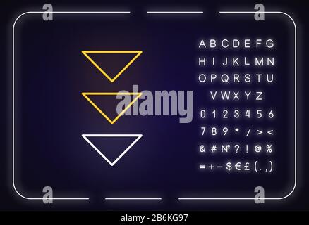 Symbol für drei nach unten zeigenden Pfeile für Neonlicht. Seite in vertikaler Richtung durchsuchen, herunterladen. Äußere leuchtende Wirkung. Zeichen mit Alphabet, Zahlen und Symbolen. Vektor Stock Vektor
