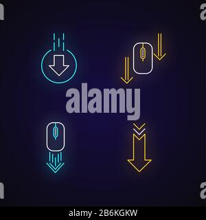 Computermaus und Pfeilspitzen Neonlichtsymbole sind gesetzt. Scrollen nach unten und Hochladen von Anzeigen. Website-Seitencursor. Schilder mit strahlender Außenwirkung Stock Vektor