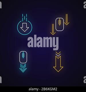 Computermaus und Pfeilspitzen Neonlichtsymbole sind gesetzt. Scrollen nach unten und Hochladen von Anzeigen. Website-Seitencursor. Schilder mit strahlender Außenwirkung Stock Vektor