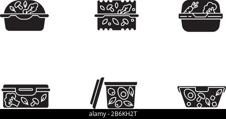 Kunststoff-Salatbehälter schwarze Glyphe auf weißem Raum. Wiederverwendbare Lebensmittelverpackungen. Lunchboxen. Gepackte Abendessen. Nehmen Sie die Aufbewahrung der Mahlzeiten heraus. Silhouette Stock Vektor