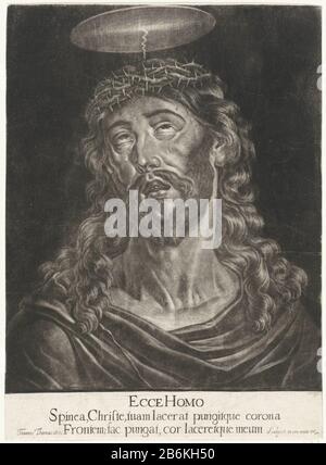 Ecce Schwule (Titelobjekt) Christus mit Dornenkrone und Gewand. Ersteller der Herstellung: Druckerhersteller Jan Thomas (denkmalgeschütztes Gebäude) Von 1627 - 1678 Physikalische Merkmale: Mezzotinmaterial: Papiertechnik: Mezzotinmaße: Blatt: H 325 mm × W 237 mm Betreff: Pilatus, der Christus den Menschen zeigt, "Ostentatio Christi", "Ecce Schwule" (Johannes 19: 4-6) Stockfoto
