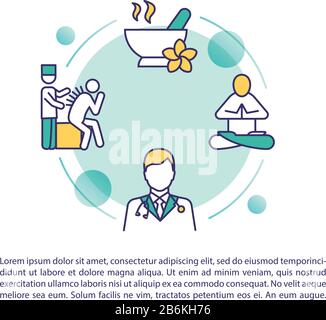 Symbol für das Konzept der Komplementärmedizin mit Text. Akupunktur, Aromatherapie. Meditation. Arzt. Gesundheitswesen. PPT-Seitenvektorvorlage. Broschüre, Magazin Stock Vektor