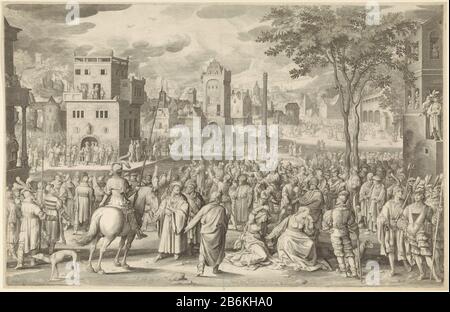 Hier ein RP-1898-P-A-19989 EIN Stadtplatz mit im Vordergrund die grie Jungfrau Maria und Maria Magdalena. Im Hintergrund links zeigt Pontius Pilatus dem jüdischen Volk den verungrten Christus. Die Leute scheeuwt und tiert. Hersteller: Druckmaschine: Nicolaes de Bruyn (denkmalgeschütztes Eigentum) zu entwerfen: Nicolaes de Bruyn (denkmalgeschütztes Gebäude) Herausgeber: Unbekannter Ort Herstellung: Druckmaschine: Rotterdamer Verlag: Amsterdam Datum: 1639 - Merkmale nach 1706 Material: Fahrzeugmaterial: Papiertechnik: Engra (Druckverfahren) Abmessungen: Plattenkante b 701 mm x h 452 mm Betreff: Pilatus, der dem Volk Christus zeigt, 'Oste Stockfoto