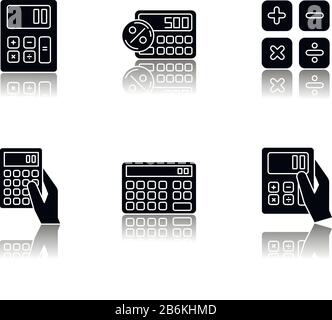 Taschenrechner setzen schwarze Glyph-Symbole im Schatten. Mathematische Berechnung. Schnelles zählen. Kleine elektronische Geräte. Buchhaltung. Mobilgeräte Stock Vektor