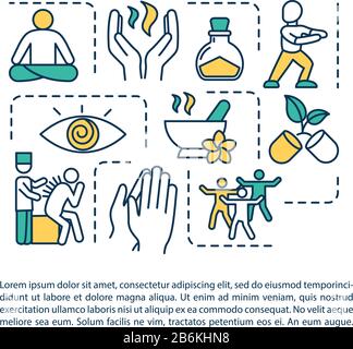 Symbol für das Konzept der chinesischen Alternativmedizin mit Text. Akupunktur, Aromatherapie, Meditation. PPT-Seitenvektorvorlage. Broschüre, Magazin Stock Vektor