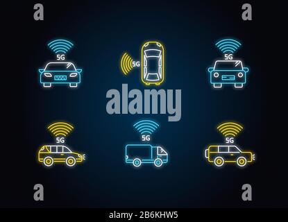 5G Smart CARS Neon Light Icons Set. Fahrzeuge mit Internetverbindung. Autonomes Fahren. Selbstfahrende Autos. Schilder mit strahlender Außenwirkung Stock Vektor