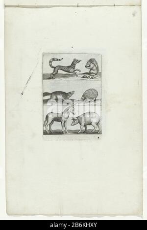 Eichhörnchen, Igel, Esel, Schwein und andere Tiere Tiere (Serientitel) Sechs dieren. Hersteller : Druckmaschine : anonym bei einem Entwurf von: Jan Collaert (II) ist (möglicherweise) ein Entwurf von: Adriaen Collaert (möglich) Datum: 1570 - 1668 Physikalische Merkmale: Ätzungs- und Engra-Material: Papiertechnik: Ätzung/Engra-Messungen (Druckverfahren): Plattenkante: H 124 mm × b 86 mmToelichtingDeze wird nach dem Vorbild der Serie Bestiarum Quadrupedum Vivae Icones Prints von Adriaen Collaert kopiert, die von Crispin de Passe in Utrechter herausgegeben wurde. Siehe Neues Hollstein Holländisch, Das Collaert Dyn Stockfoto