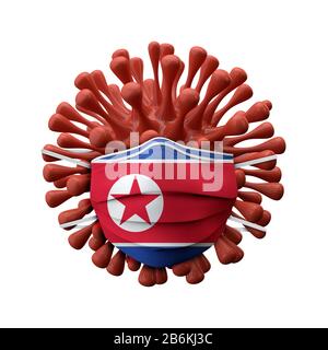 Nordkorea markiert Schutzmaske auf einem Virusbakterium. 3D-Rendering Stockfoto