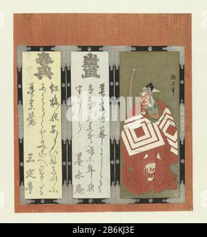 Ein Schauspieler Ichikawa EIN Ichikawa-Schauspieler Objektart: Surimono Artikelnummer: RP-P-1958-568Katalogogusreferentie: Forrer 481Jap Cat IV 270 Aufschriften / Marken: Sammlermarke, Verso, gestempelt: Lugt 2228 Sammlermarke, Passe-Out, links, gedruckt: JABdH mit einer Roster-Beschreibung: Drei Platten in einem Rahmen aus schwarzem Lack und silberfarbenen Beschlägen, als wäre es ein Sieb. Rechts ein Bild des Schauspielers Ichikawa Danjuro IV (1711-78911) in der Rolle des Shibaraku, vor goldenem Hintergrund, die beiden anderen Tafeln gedicht. Hersteller : Druckerhersteller: Yushin (denkmalgeschütztes Gebäude) Dichter Yushin (denkmalgeschütztes Objekt) Dichter Sanjô Stockfoto