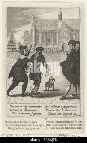 Ein Blinder ist ein blinder Mann mit einem Hund an der Leine, der in die Kirche Geführt Wird, Wo: Der Wirt gerettet wird und dort heilt. Druck-Nr. 9 in der Serie von 16 Aufführungen Des Wunder von Amsterdam, zu den Ereignissen am 15. März 1345. Exemplare der Serie Bolswert. Unter der Schau auf dem Teller gravierte eine sechszeilige Verse in lateinischer Sprache, darunter eine sechszeilige Verse in Briefpresse in Nederlands. Hersteller: Druckmaschine: Anonym zu drucken von: Boëtius Adamsz. BolswertPlaats Herstellung: Niederlande Datum: 1639 - 1699 Physische Merkmale: Engra mit Textdruckmaterial: Papiertechnik: Engra (Druckverfahren) Dimen Stockfoto