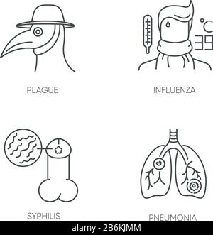 Virale Infektionen Pixel perfekte lineare Symbole gesetzt. Plage, Influenza, Syphilis und Pneumonie anpassbare dünne Linienkontursymbole. Isolierter Vektor Stock Vektor