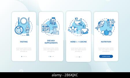 Diäten und Kräutermedizin Onboarding Mobile App Seite Bildschirm mit Konzepten. Fasten und Nahrungsergänzungsmittel führen Sie die grafischen Anweisungen in vier Schritten durch Stock Vektor