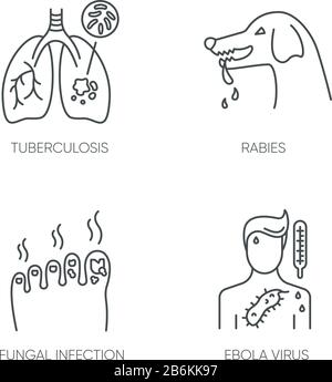 Infectional Diseases Pixel perfekte lineare Symbole gesetzt. Tuberkulose, Tollwut, Pilzinfektion und ebola anpassbare dünne Linienkontursymbole. Isoliert Stock Vektor