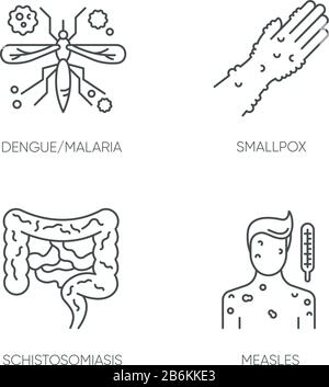 Ansteckende Krankheiten Pixel perfekte lineare Symbole gesetzt. Malaria, Pocken, Schistosomiasis und Masern anpassbare dünne Linienkontursymbole. Isoliert Stock Vektor